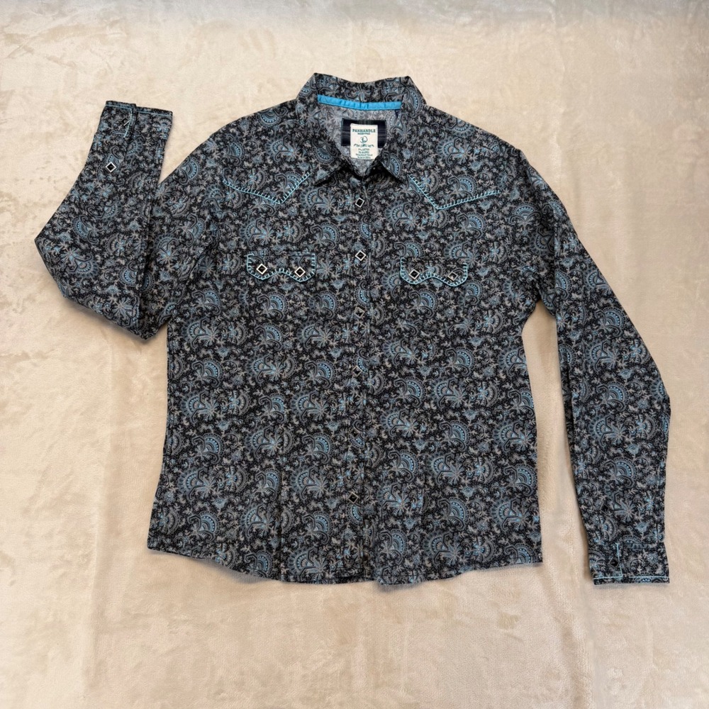 Panhandle Rough Stock Western Shirt Mens Large Blue Paisley Excellent Snaps